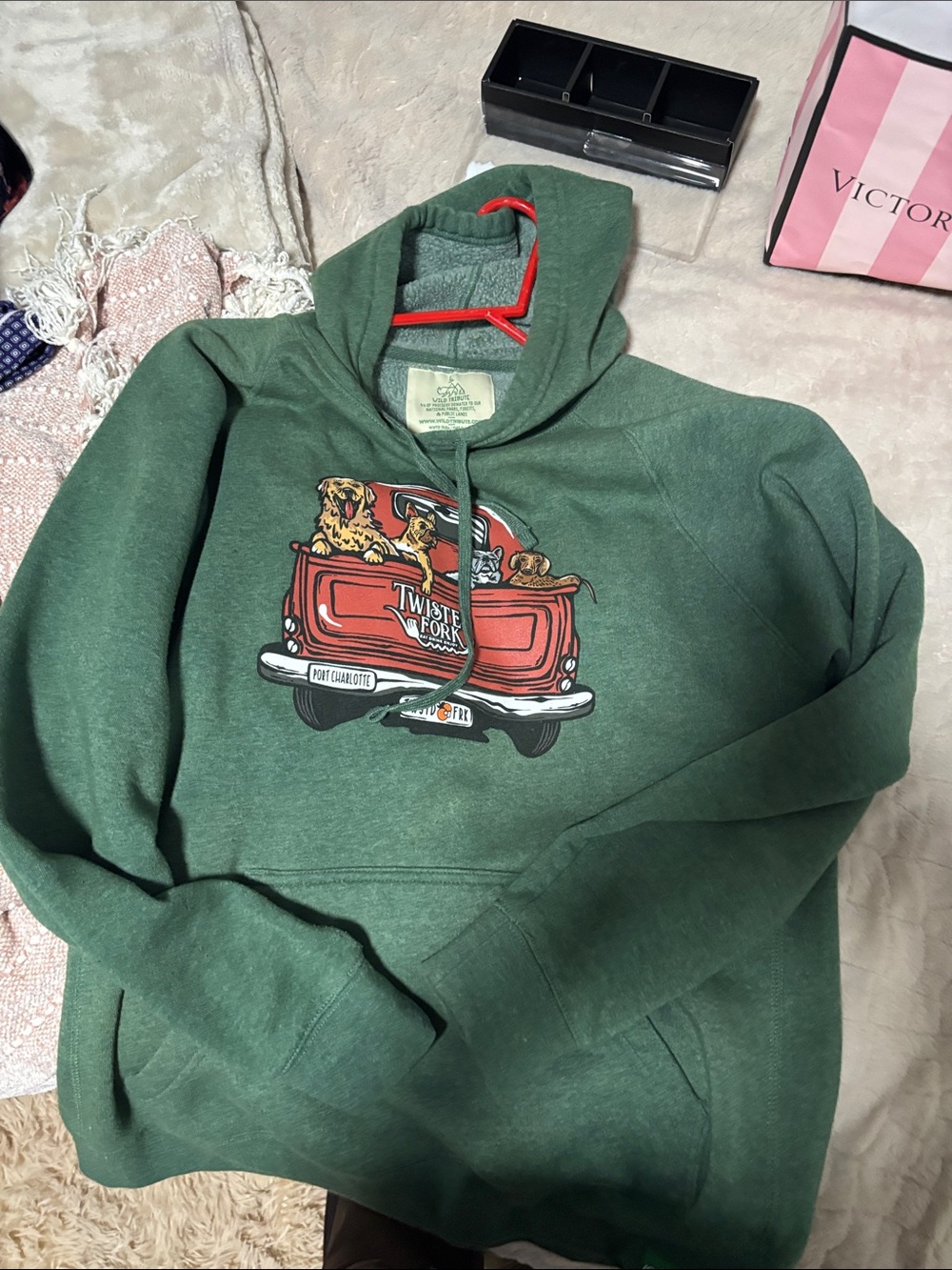Wild Tribute Twisted Fork Women's Green Hoodie with Red Truck Graphic